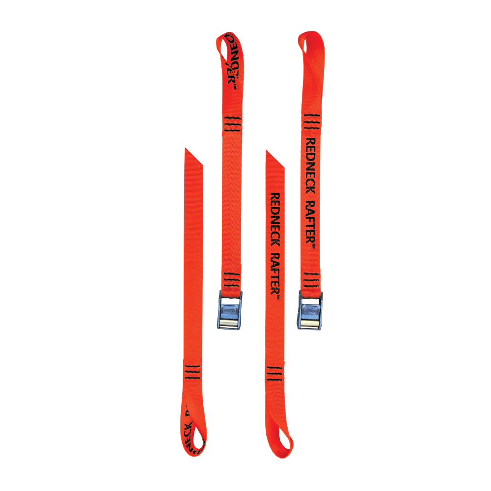 A product photo of a pair of oar tether with red-orange 1" polyester webbing, rollercam buckles, and looped ends