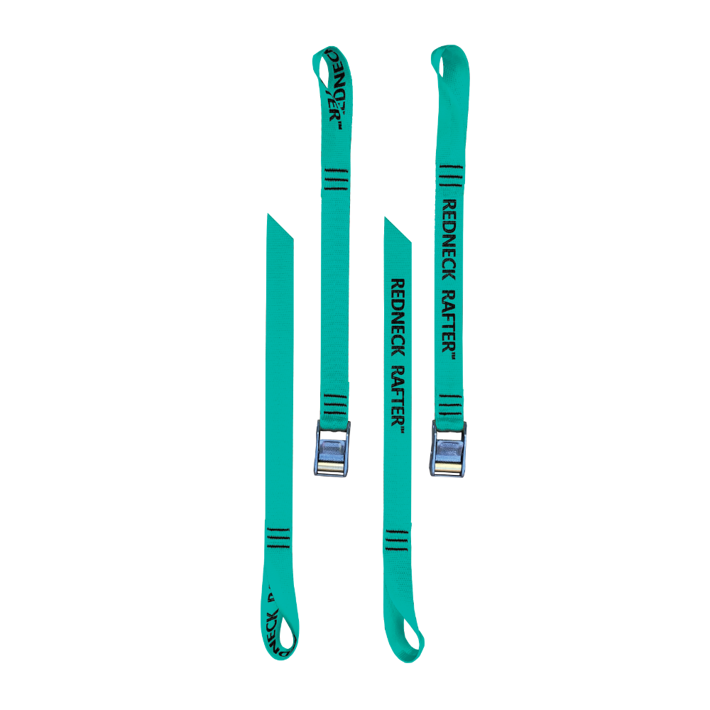 A product photo of a pair of oar tether with teal 1" polyester webbing, rollercam buckles, and looped ends