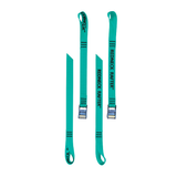A product photo of a pair of oar tether with teal 1" polyester webbing, rollercam buckles, and looped ends