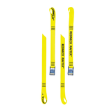 A product photo of a pair of oar tether with yellow 1" polyester webbing, rollercam buckles, and looped ends