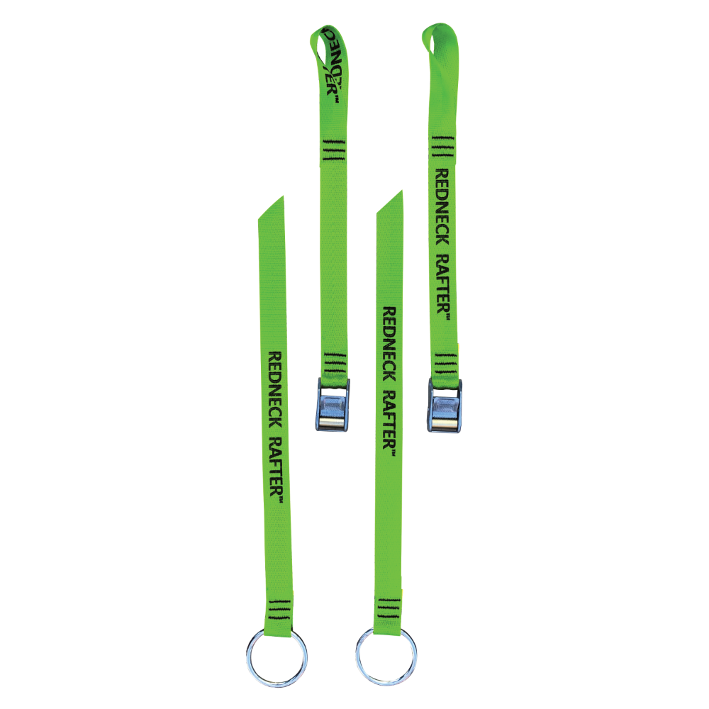 A product photo of a pair of oar tether with lime green 1" polyester webbing, rollercam buckles, and o-rings