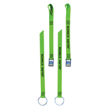 A product photo of a pair of oar tether with lime green 1" polyester webbing, rollercam buckles, and o-rings