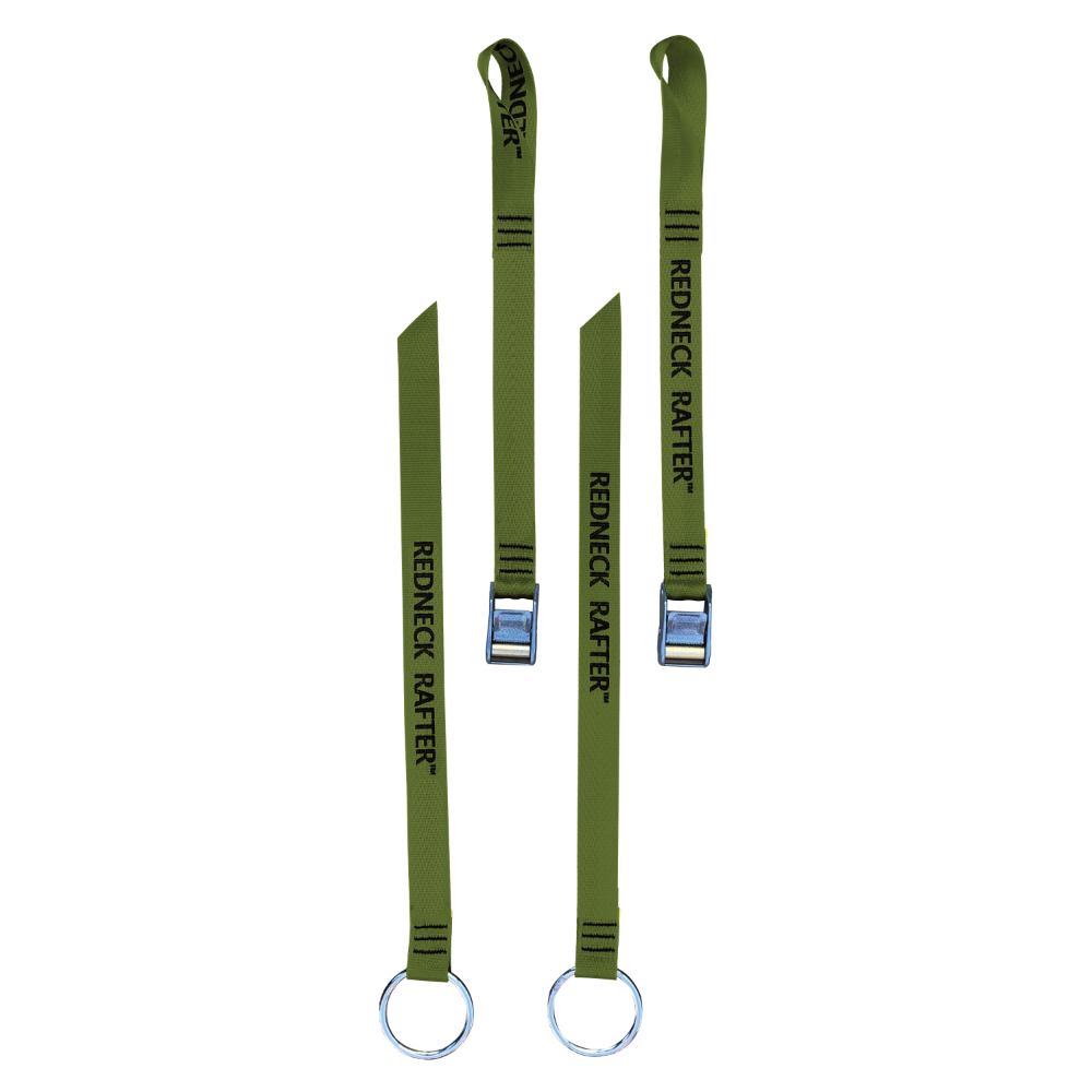 A product photo of a pair of oar tether with olive drab 1" polyester webbing, rollercam buckles, and o-rings