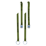 A product photo of a pair of oar tether with olive drab 1" polyester webbing, rollercam buckles, and o-rings