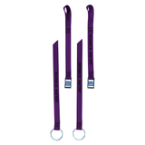 A product photo of a pair of oar tether with purple 1" polyester webbing, rollercam buckles, and o-rings