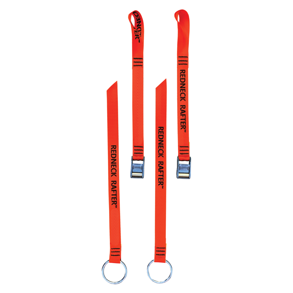 A product photo of a pair of oar tether with red-orange 1" polyester webbing, rollercam buckles, and o-rings