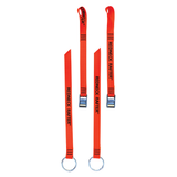 A product photo of a pair of oar tether with red-orange 1" polyester webbing, rollercam buckles, and o-rings