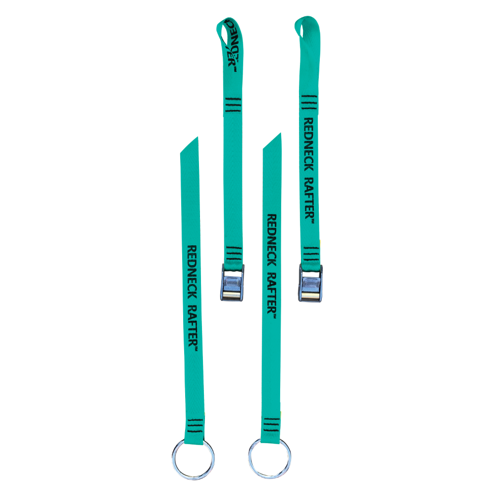 A product photo of a pair of oar tether with teal 1" polyester webbing, rollercam buckles, and o-rings