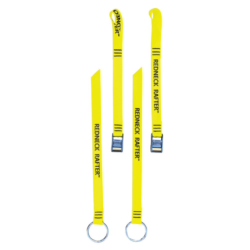 A product photo of a pair of oar tether with yellow 1" polyester webbing, rollercam buckles, and o-rings