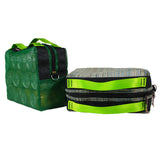 (L-R) 12 Pack Bag (Green w/ Lime Green handles) filled with 12 cans, view of 12 Pack bag (Multi-mesh w/ Lime Green handles) on its side.