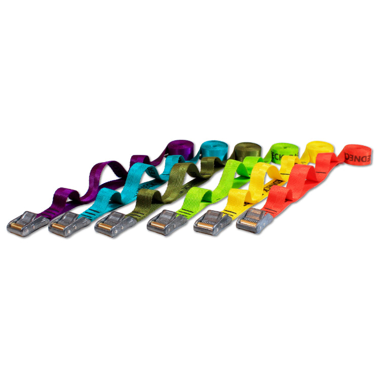 array of purple teal olive drab lime green yellow and red orange of polyester handle tie down cam straps with rollercam buckle