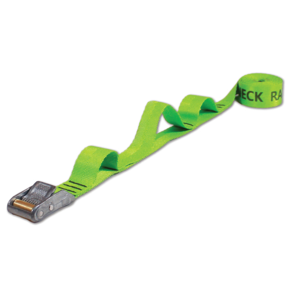 lime green polyester tie down cam strap with a sewn handle