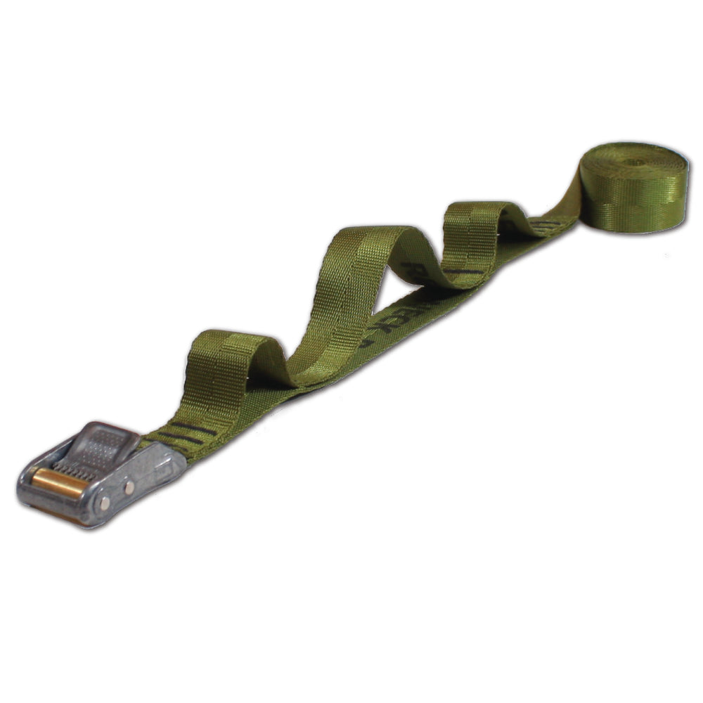 olive drab polyester tie down cam strap with a sewn handle