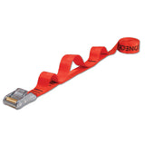 red orange polyester tie down cam strap with a sewn handle