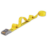 yellow polyester tie down cam strap with a sewn handle