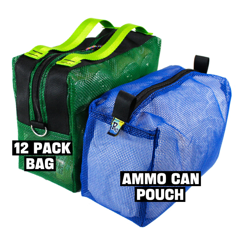 (L-R) 12 Pack Bag (Green w/ Lime Green Handles), Ammo Can Pouch (Blue).