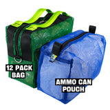 (L-R) 12 Pack Bag (Green w/ Lime Green Handles), Ammo Can Pouch (Blue).