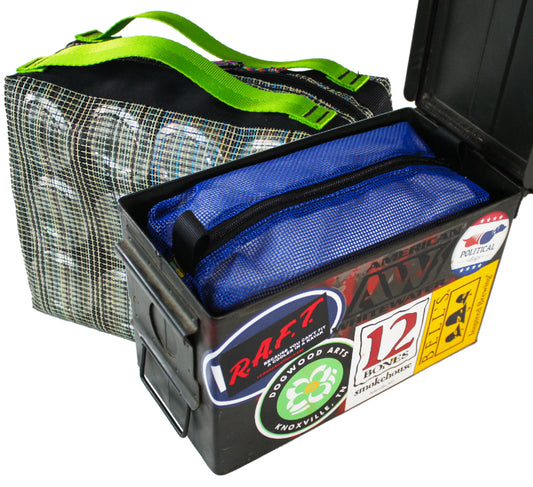 (L-R) 12 Pack Bag (Multi-mesh w/ lime green handles, Ammo Can pouch (Blue) in an ammo can.